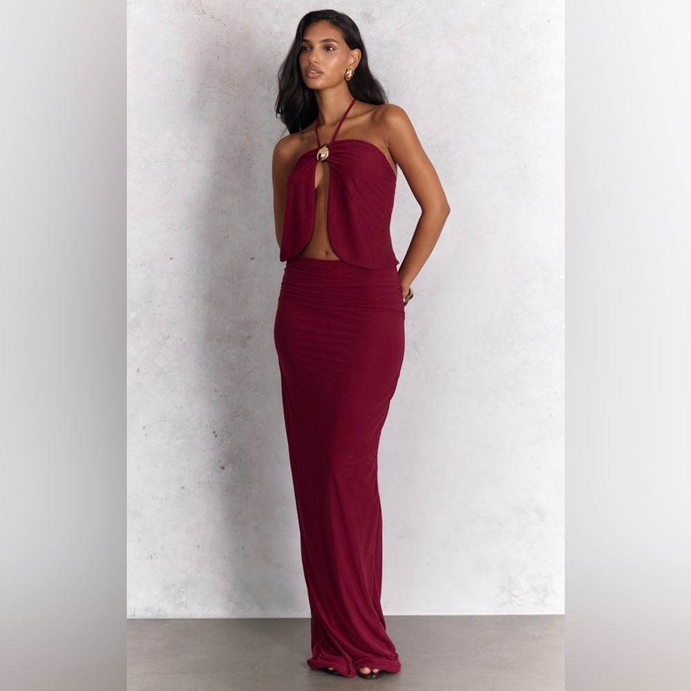 PrettyLittleThing Burgundy Deep Red Stretch Ruched Maxi Skirt US 2